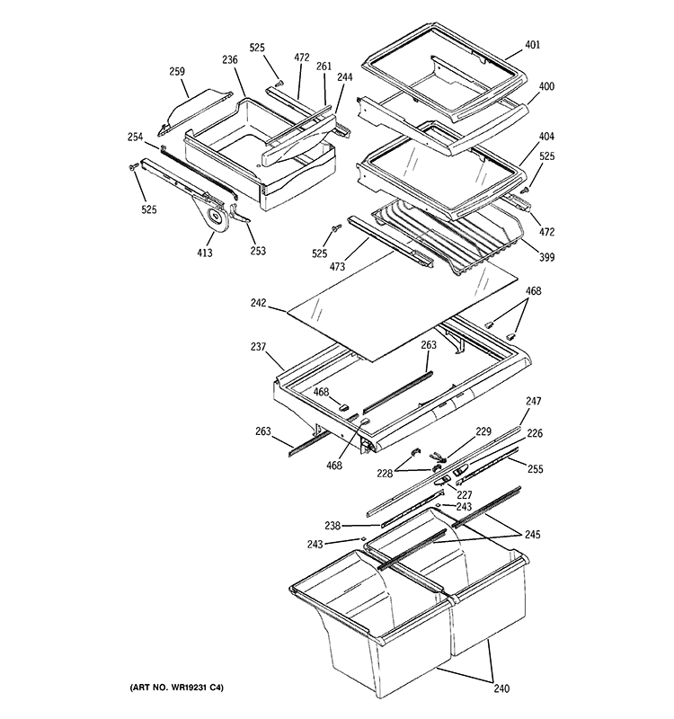 FRESH FOOD SHELVES Diagram and Parts List for GTY22SBBJRSS  General Electric Refrigerator