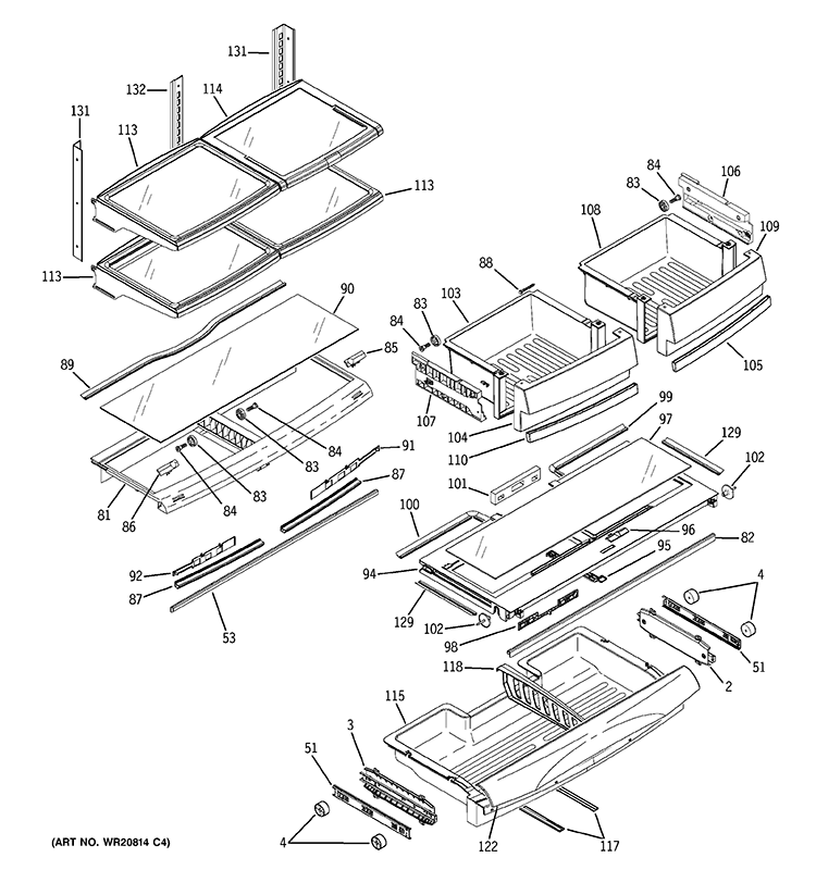 FRESH FOOD SHELVES Diagram and Parts List for PFCU1NJZHDSS  General Electric Refrigerator