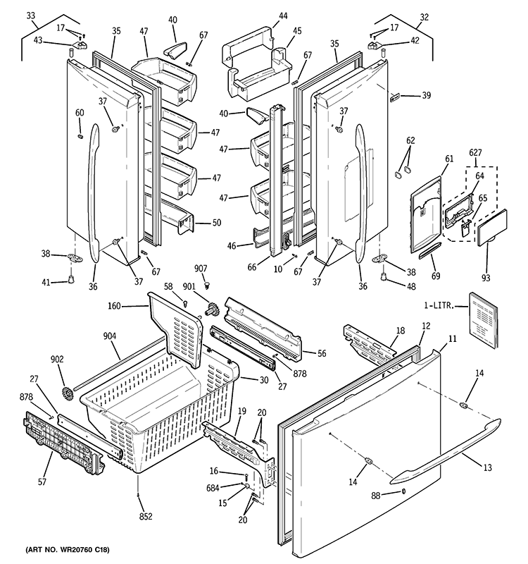 DOORS Diagram and Parts List for PFSE5NJZHDSS  General Electric Refrigerator