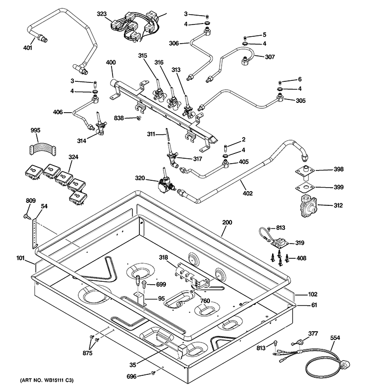 GAS & BURNER PARTS Diagram and Parts List for PGP976DET1BB  General Electric Cooktop