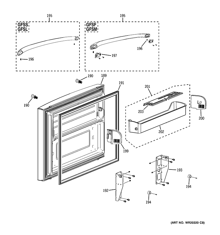 FREEZER DOOR Diagram and Parts List for GFSF6KKYEBB  General Electric Refrigerator