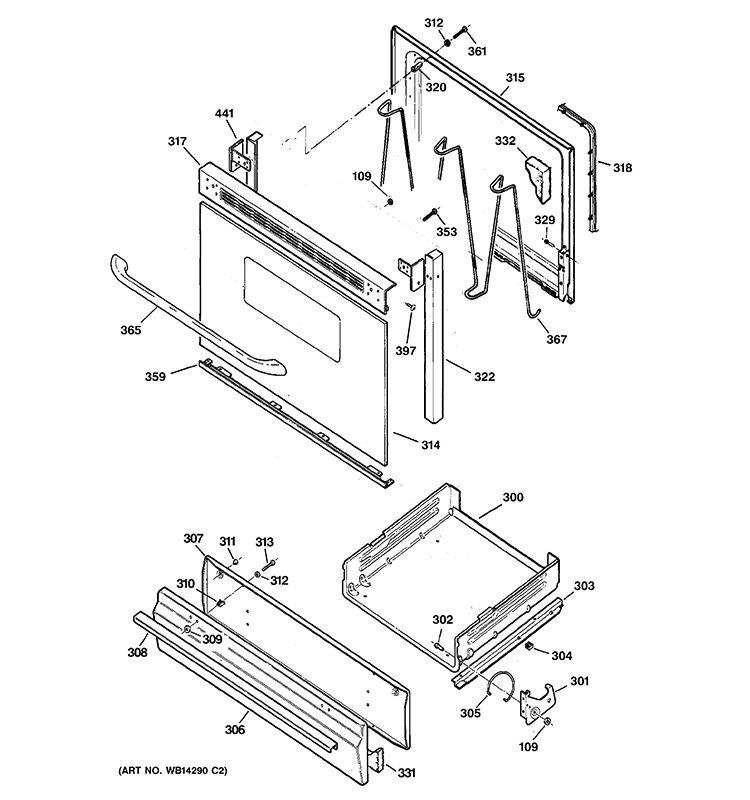 DOOR & DRAWER PARTS Diagram and Parts List for JGBS04BET2WH  General Electric Range