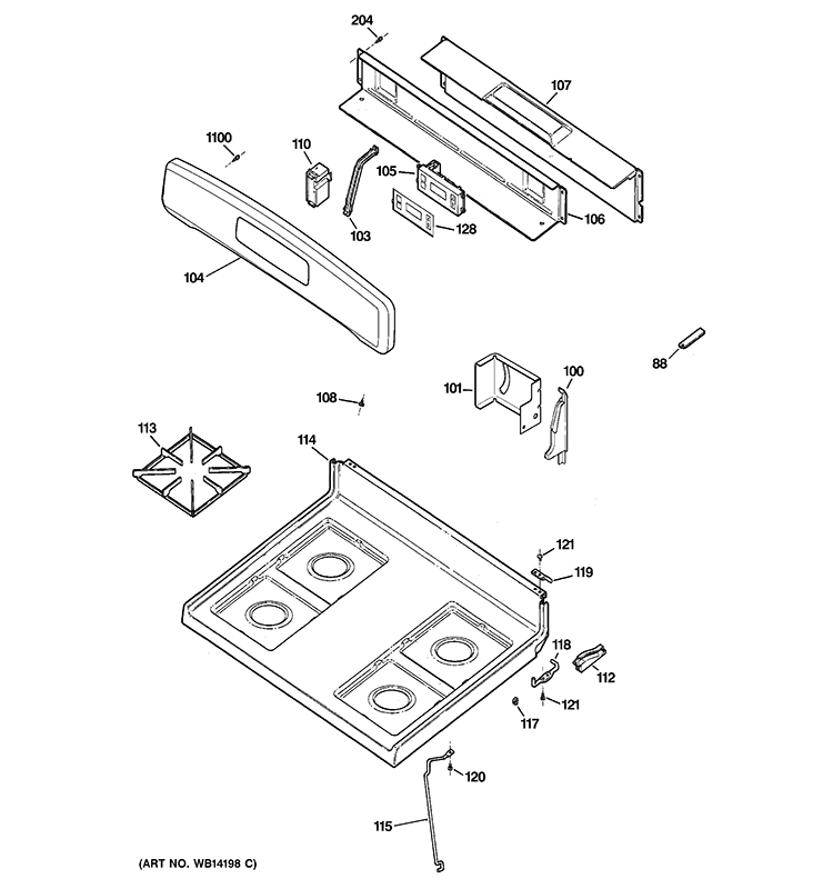 CONTROL PANEL & COOKTOP Diagram and Parts List for JGBS19BEM6CT  General Electric Range
