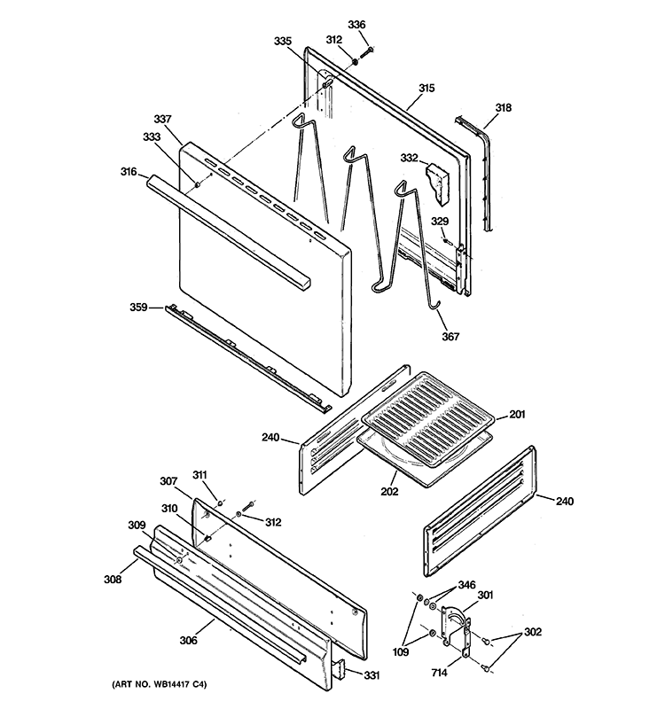 DOOR & DRAWER PARTS Diagram and Parts List for RGB508PET2WH  Hotpoint Range