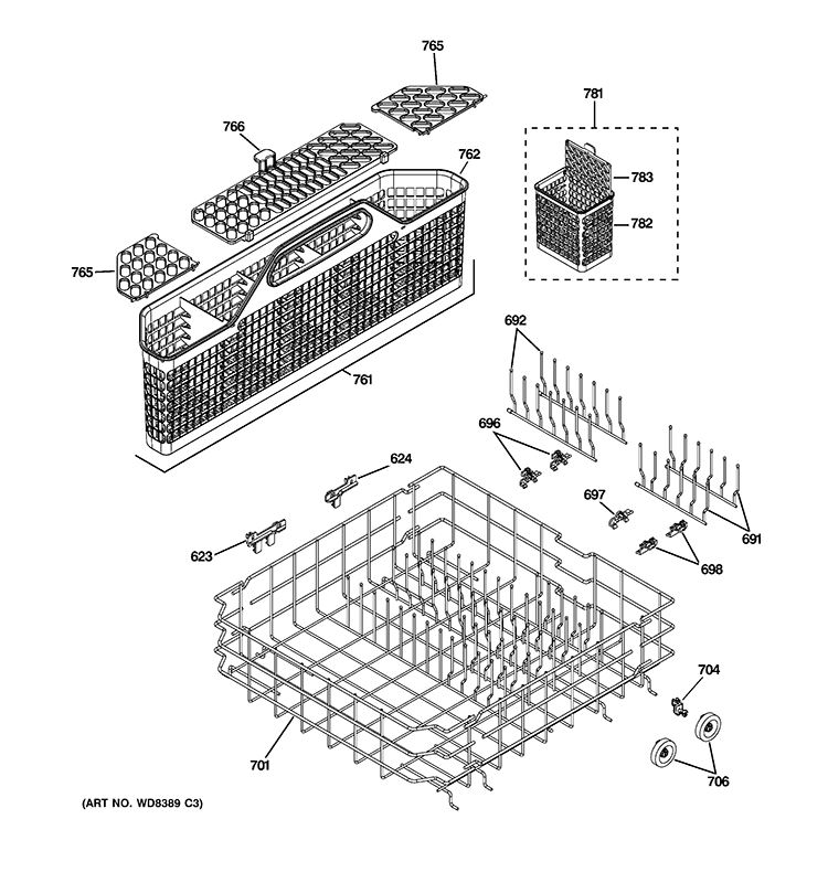 LOWER RACK ASSEMBLY Diagram and Parts List for GDWT308V50WW  General Electric Dishwasher