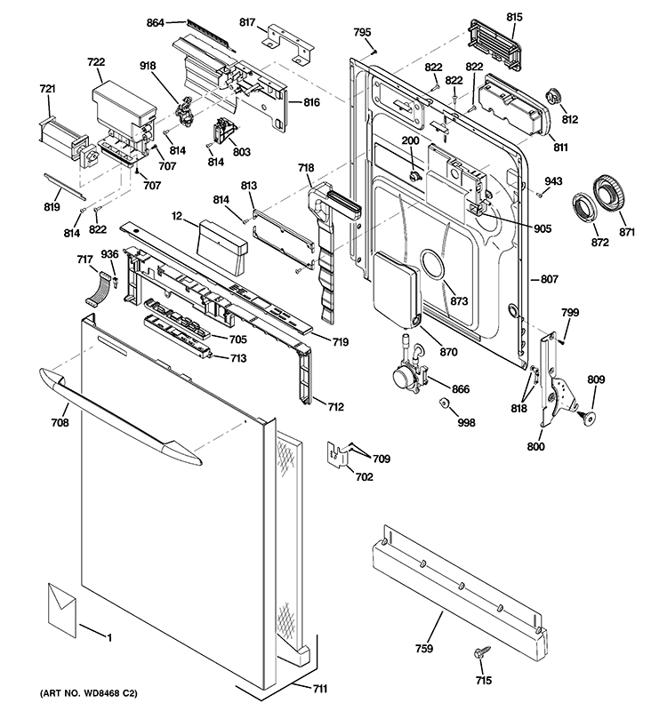 ESCUTCHEON & DOOR ASSEMBLY Diagram and Parts List for GDWT708V50BB  General Electric Dishwasher