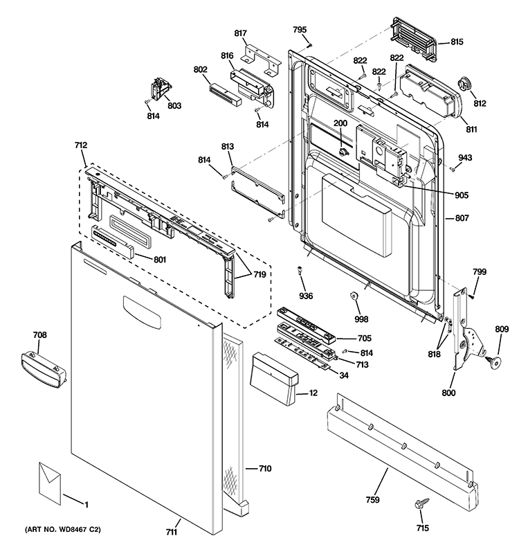 ESCUTCHEON & DOOR ASSEMBLY Diagram and Parts List for GHDT108V50BB  General Electric Dishwasher