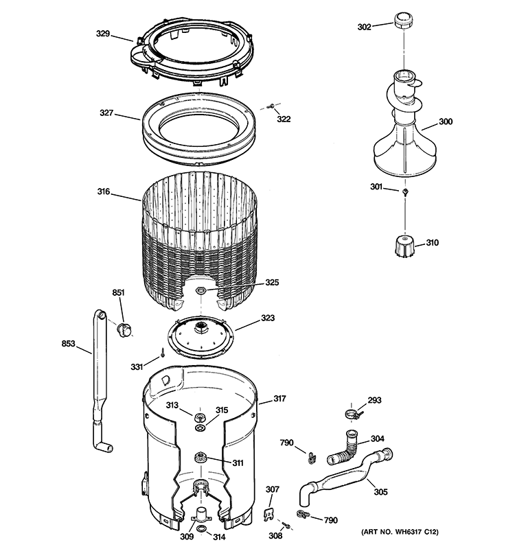 TUB, BASKET & AGITATOR Diagram and Parts List for GIWP1000M0WW  General Electric Washer
