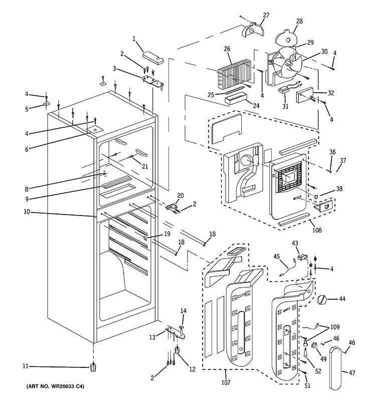 CABINET Diagram and Parts List for GTR12HBDWW  General Electric Refrigerator