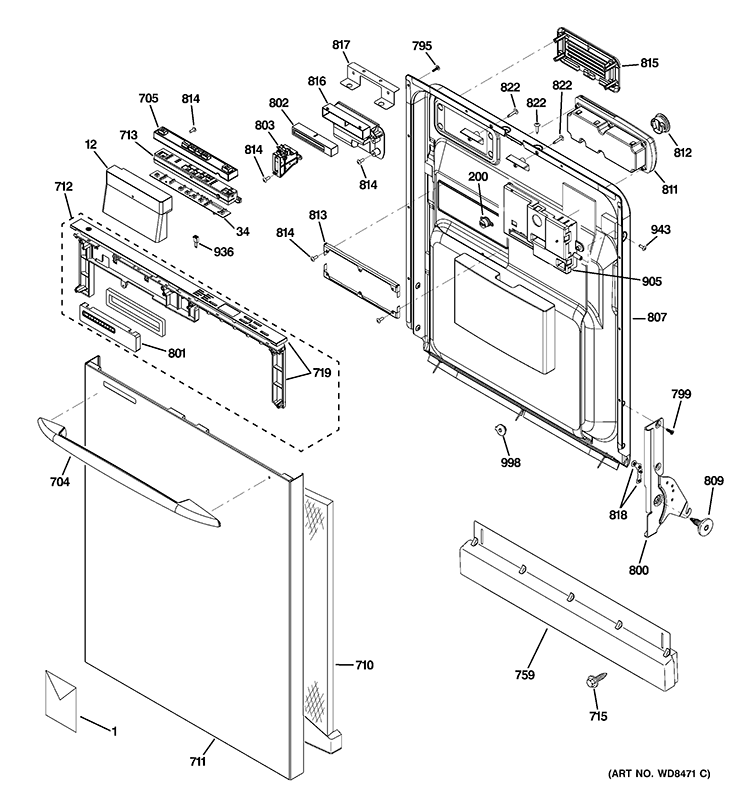 ESCUTCHEON & DOOR ASSEMBLY Diagram and Parts List for PDWT100V50BB  General Electric Dishwasher