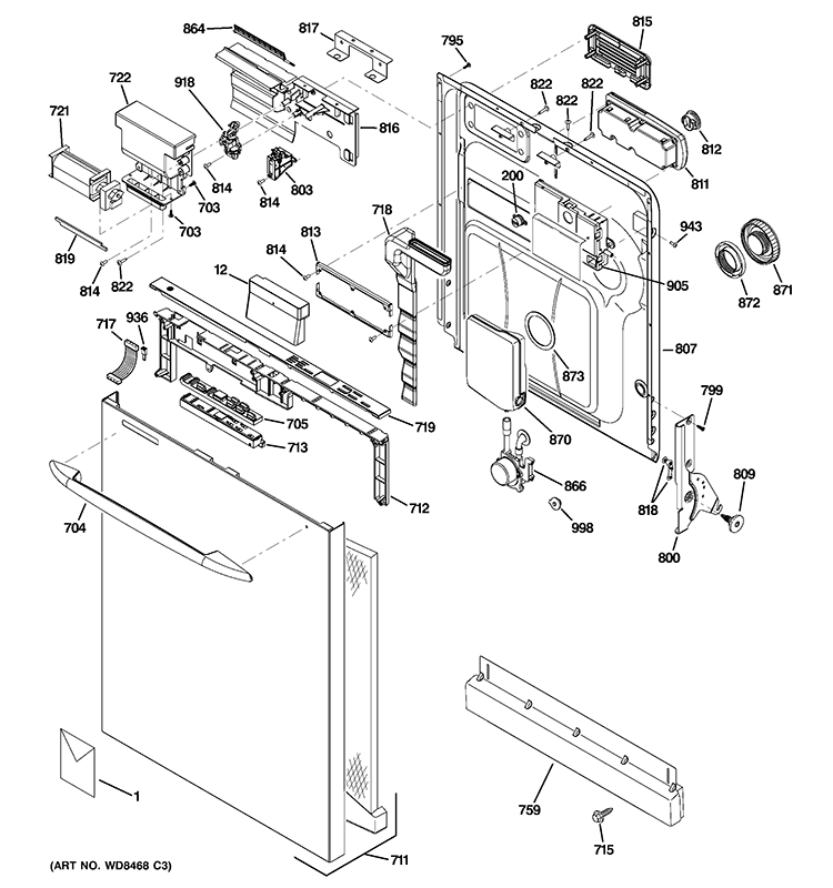 ESCUTCHEON & DOOR ASSEMBLY Diagram and Parts List for PDWT300V50BB  General Electric Dishwasher
