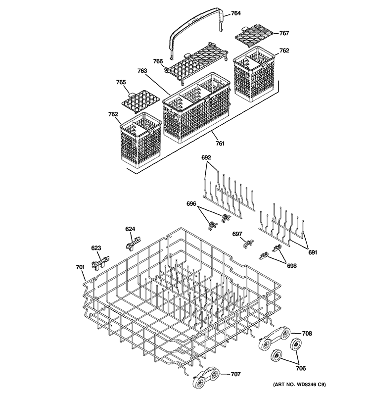 LOWER RACK ASSEMBLY Diagram and Parts List for PDWT300V50BB  General Electric Dishwasher