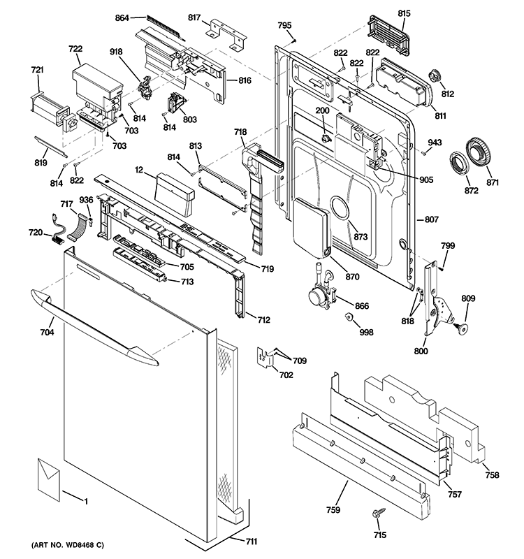 ESCUTCHEON & DOOR ASSEMBLY Diagram and Parts List for PDWT500V50BB  General Electric Dishwasher