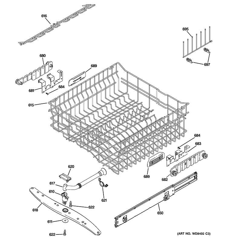 UPPER RACK ASSEMBLY Diagram and Parts List for PDWT500V50BB  General Electric Dishwasher