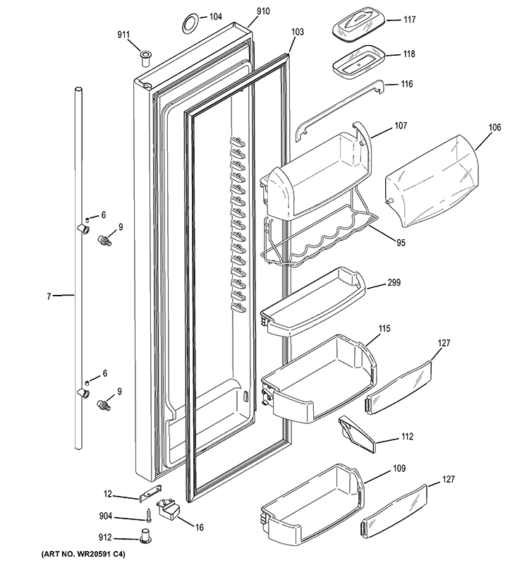 FRESH FOOD DOOR Diagram and Parts List for GSA28VGBAFSS  General Electric Refrigerator