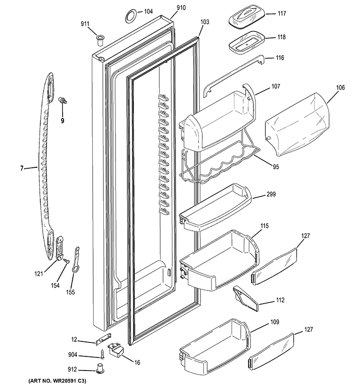 FRESH FOOD DOOR Diagram and Parts List for GSE28VGBAFWW  General Electric Refrigerator
