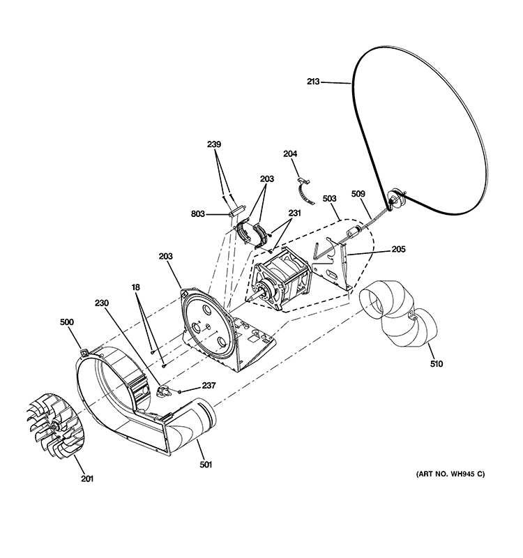 BLOWER & MOTOR ASSEMBLY Diagram and Parts List for GTUP240EM2WW  General Electric Washer Dryer Combo