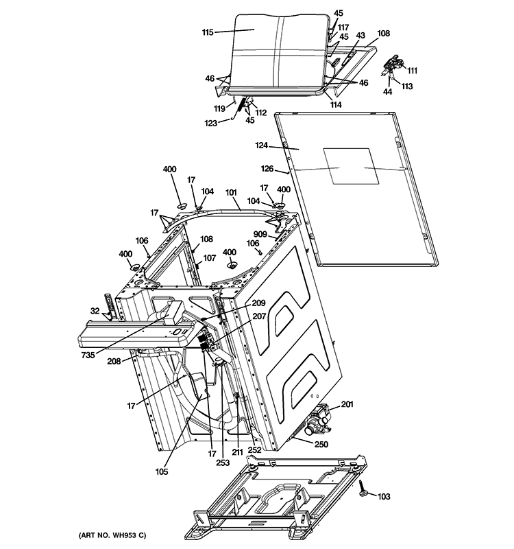 CABINET 6 Diagram and Parts List for GTUP240GM3WW  General Electric Washer Dryer Combo