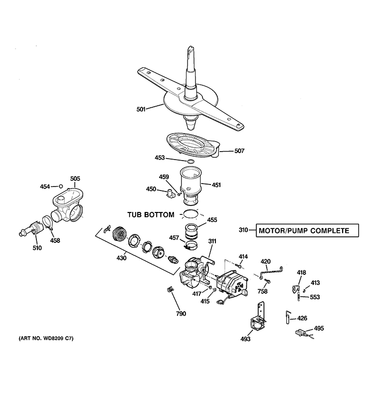 MOTOR-PUMP MECHANISM Diagram and Parts List for GSC3500D35BB  General Electric Dishwasher