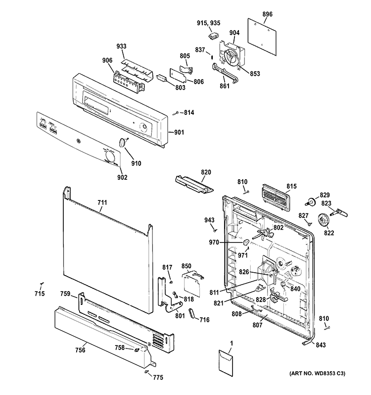 ESCUTCHEON & DOOR ASSEMBLY Diagram and Parts List for GSD2300V35BB  General Electric Dishwasher