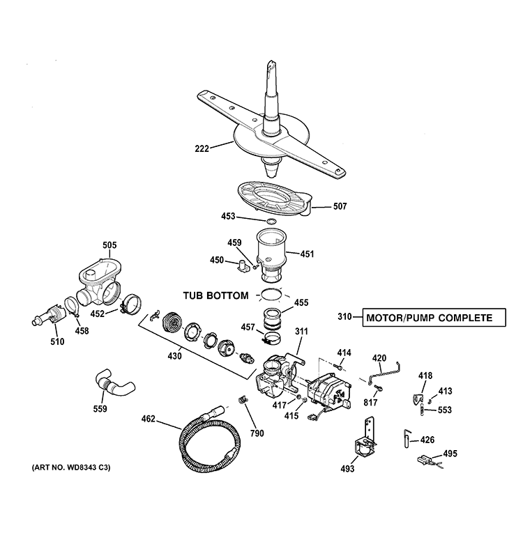 MOTOR-PUMP MECHANISM Diagram and Parts List for GSD3300D35WW  General Electric Dishwasher