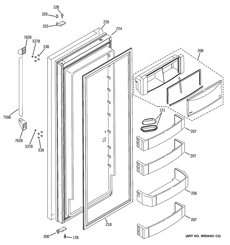 FRESH FOOD DOOR Diagram and Parts List for ZISP420DXASS  General Electric Refrigerator