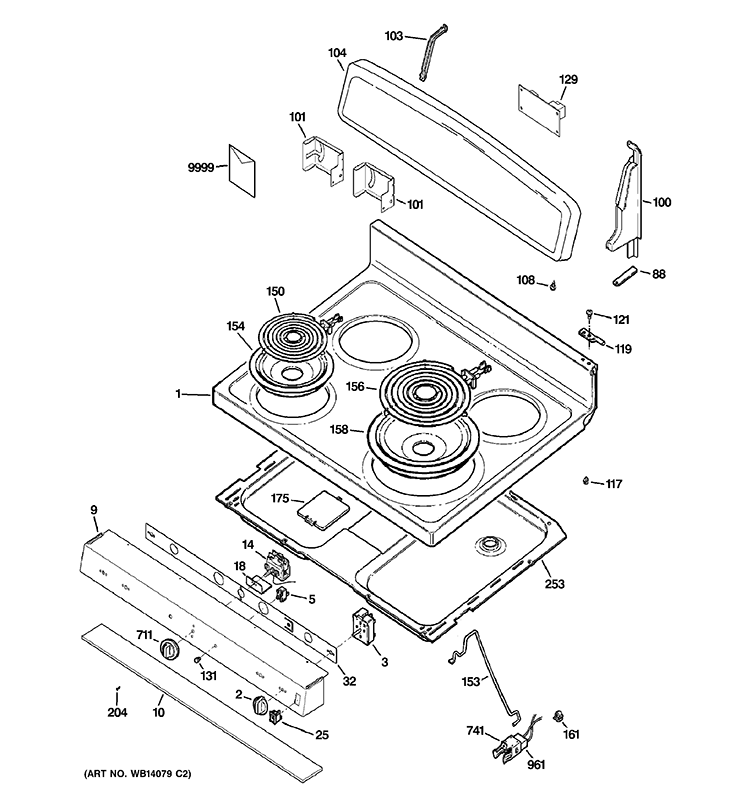 CONTROL PANEL & COOKTOP Diagram and Parts List for JBP15DM1WW  General Electric Range