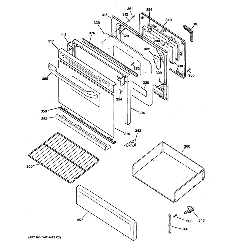 DOOR & DRAWER PARTS Diagram and Parts List for JGBP28WEKDWW  General Electric Range