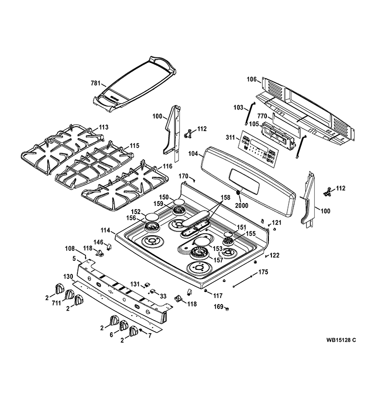 CONTROL PANEL & COOKTOP Diagram and Parts List for JGB870SET1SS  General Electric Range