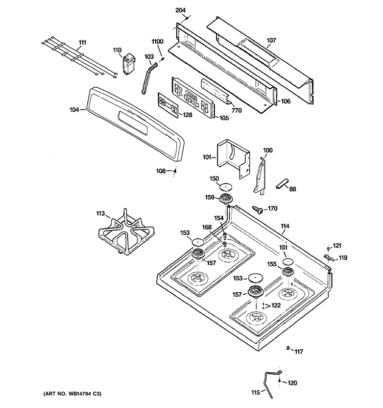 CONTROL PANEL & COOKTOP Diagram and Parts List for JGBP28SEM9SS  General Electric Range
