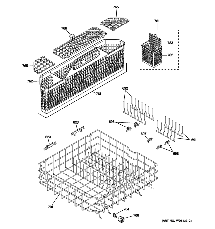 LOWER RACK ASSEMBLY Diagram and Parts List for GLD7708V00WW  General Electric Dishwasher