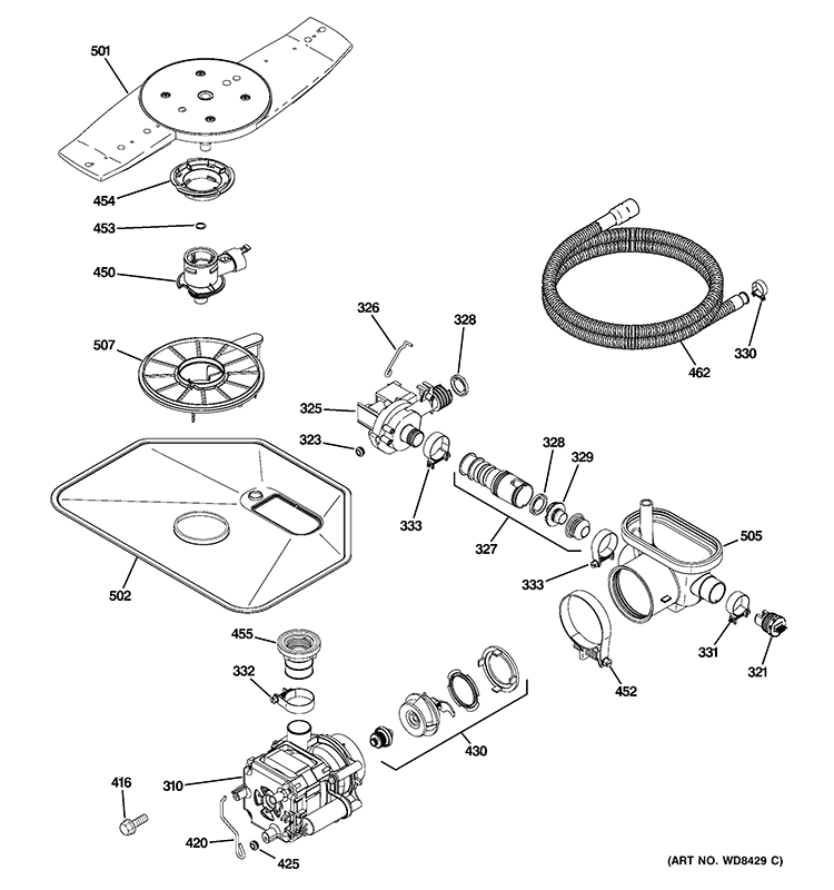 MOTOR-PUMP MECHANISM Diagram and Parts List for GLD7768V00SS  General Electric Dishwasher