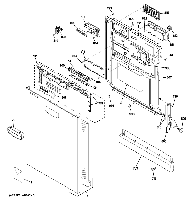 ESCUTCHEON & DOOR ASSEMBLY Diagram and Parts List for GHDT168V00SS  General Electric Dishwasher