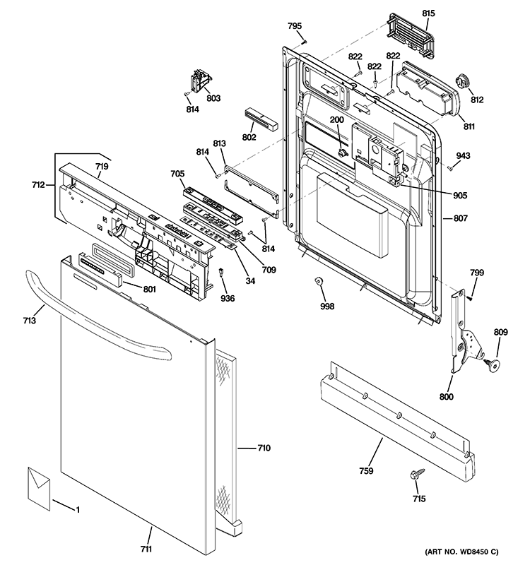 ESCUTCHEON & DOOR ASSEMBLY Diagram and Parts List for GLD5768V00SS  General Electric Dishwasher