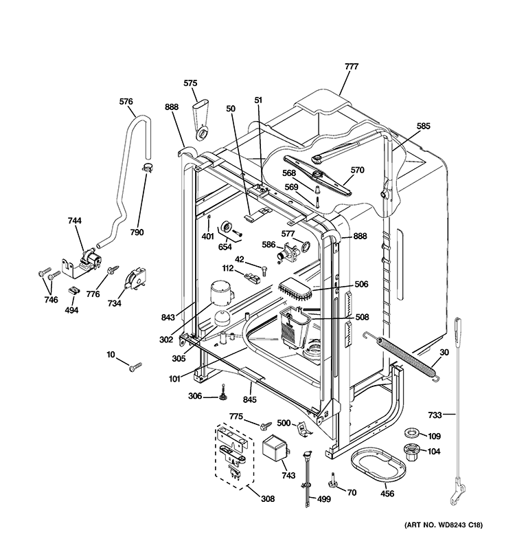 BODY PARTS Diagram and Parts List for GLD5868V00SS  General Electric Dishwasher