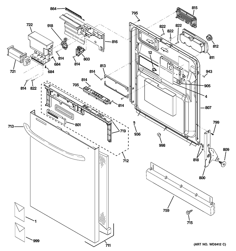 ESCUTCHEON & DOOR ASSEMBLY Diagram and Parts List for GDWT668V00SS  General Electric Dishwasher