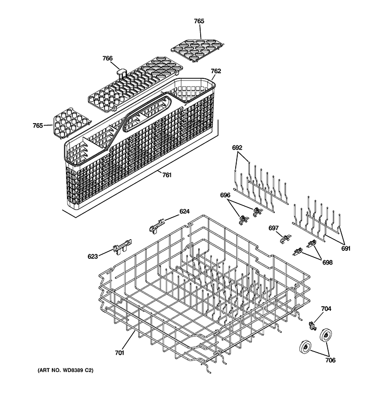 LOWER RACK ASSEMBLY Diagram and Parts List for GDWT608V00BB  General Electric Dishwasher