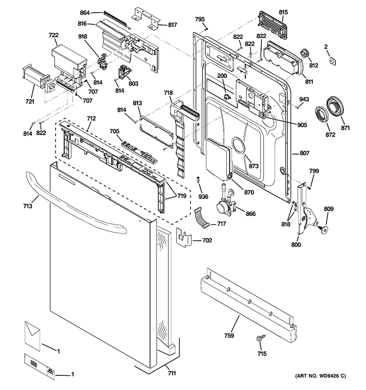 ESCUTCHEON & DOOR ASSEMBLY Diagram and Parts List for GDWT768V00SS  General Electric Dishwasher