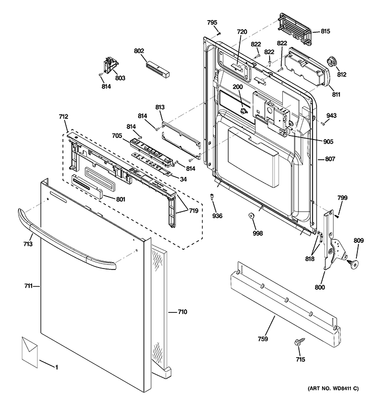 ESCUTCHEON & DOOR ASSEMBLY Diagram and Parts List for GLD5708V00WW  General Electric Dishwasher