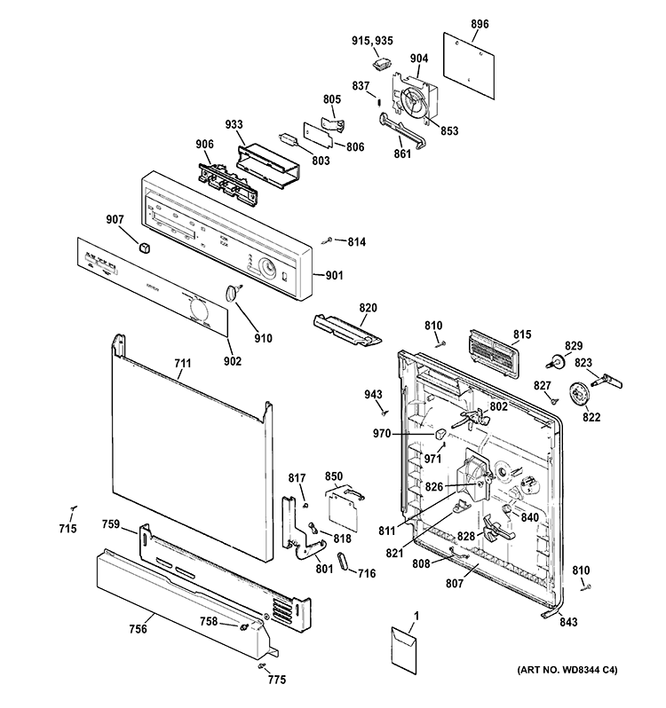 ESCUTCHEON & DOOR ASSEMBLY Diagram and Parts List for HDA3600D35BB  Hotpoint Dishwasher
