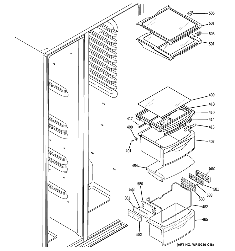 FRESH FOOD SHELVES Diagram and Parts List for GCG21YEMHFWW  General Electric Refrigerator