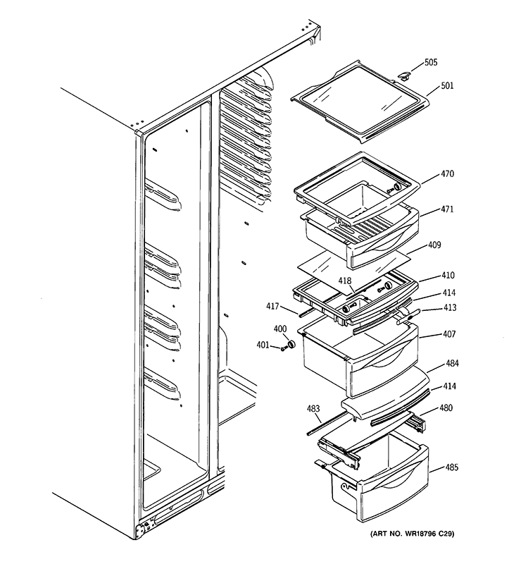 FRESH FOOD SHELVES Diagram and Parts List for DSD26DHWABG  General Electric Refrigerator