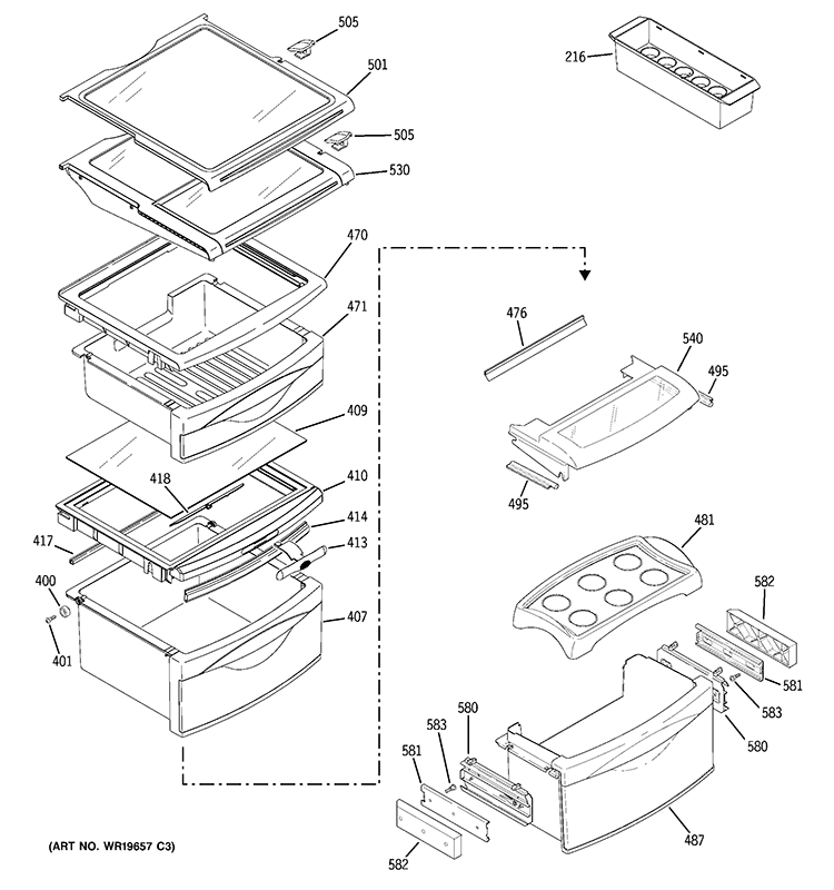 FRESH FOOD SHELVES Diagram and Parts List for PCG23NGSBFBB  General Electric Refrigerator