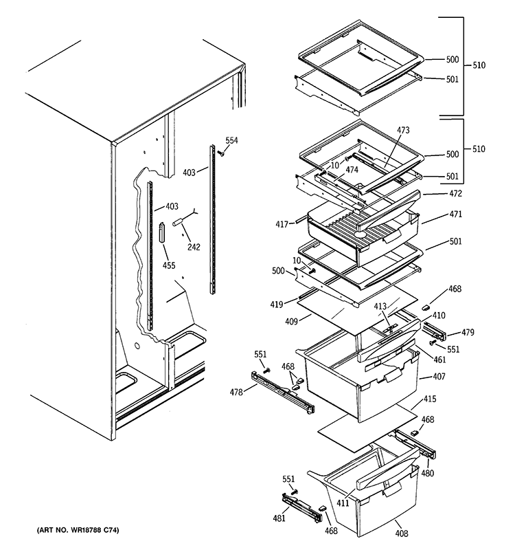 FRESH FOOD SHELVES Diagram and Parts List for GSE22KEBCFBB  General Electric Refrigerator