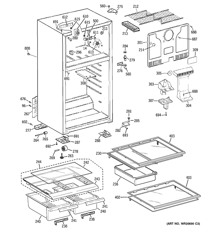 CABINET Diagram and Parts List for GTH17JBD4RWW  General Electric Refrigerator