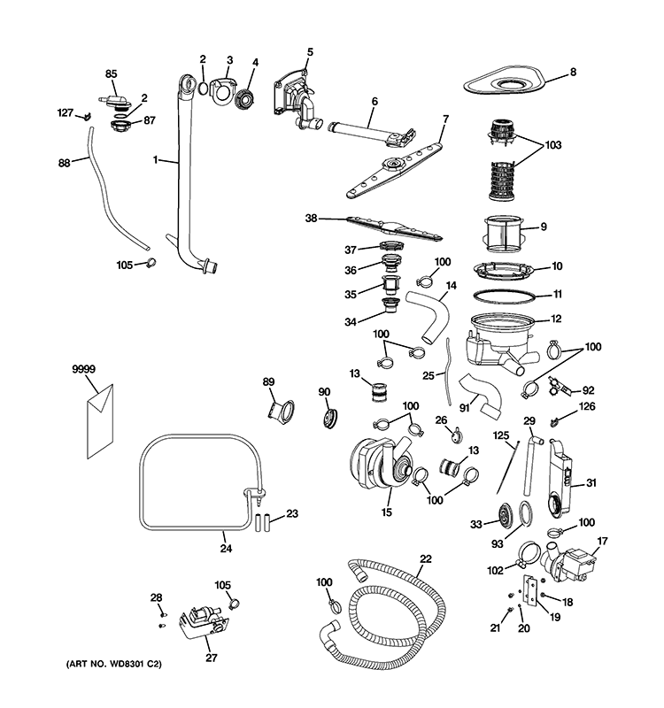 MOTOR-PUMP MECHANISM Diagram and Parts List for GLDA690P02BB  General Electric Dishwasher