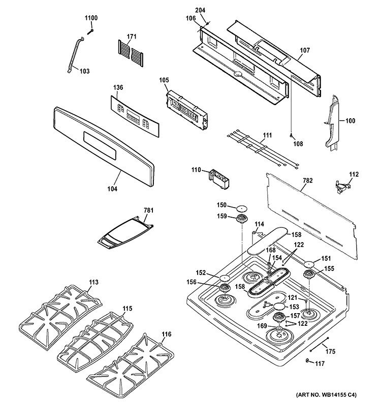 CONTROL PANEL & COOKTOP Diagram and Parts List for P2B930SET2SS  General Electric Range