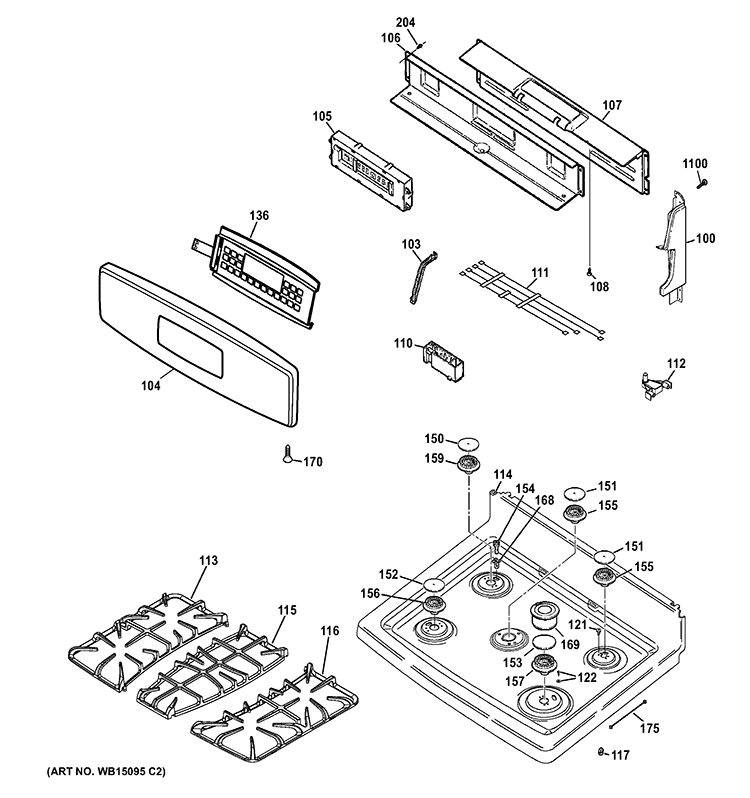 CONTROL PANEL & COOKTOP Diagram and Parts List for PGB900DET2WW  General Electric Range