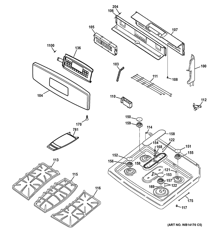 CONTROL PANEL & COOKTOP Diagram and Parts List for PGB910DET2WW  General Electric Range