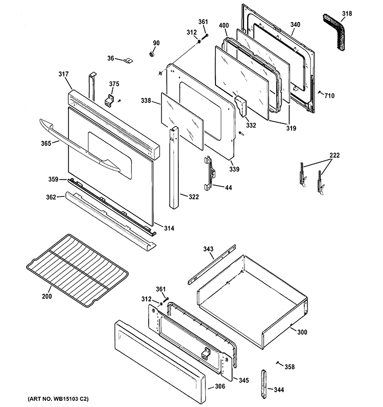 DOOR & DRAWER PARTS Diagram and Parts List for PGB910DET2WW  General Electric Range